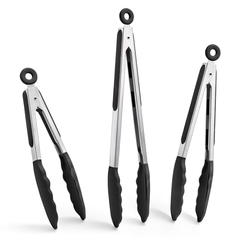 Kitchen Tongs with Silicone Tips for Cooking Serving (Set of 3 (7+9+12in) / Black)