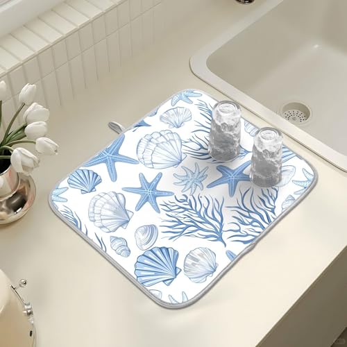 Nautical Coastal Dish Drying Mat for Kitchen Counter Absorbent Microfiber Small Summer Ocean Themed Seashell Coral Starfish Drying Pad Dish Mats for Kitchen Countertops 16 x 18 Inch (18" x 16")