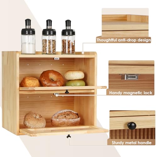Bread Box for Kitchen Countertop Wooden Bread Storage Container Bin 2 Layer Breadbox Holder Large Capacity Keeper Vintage Farmhouse Food Organizer Pantry Shelf Acrylic Window（Wood color） (Yellow)