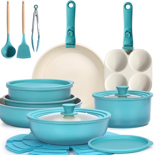 Pots and Pans Set Non Stick (Light Blue Gradient / 21PCS-Big Size)
