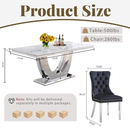Marble Dining Table Set for 4 (Silver-white & Black Chairs / 5-piece (Table + 4 Chairs))
