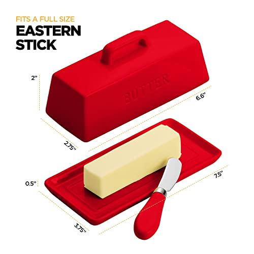 Ceramic Butter Dish Set with Lid and Knife (Red)