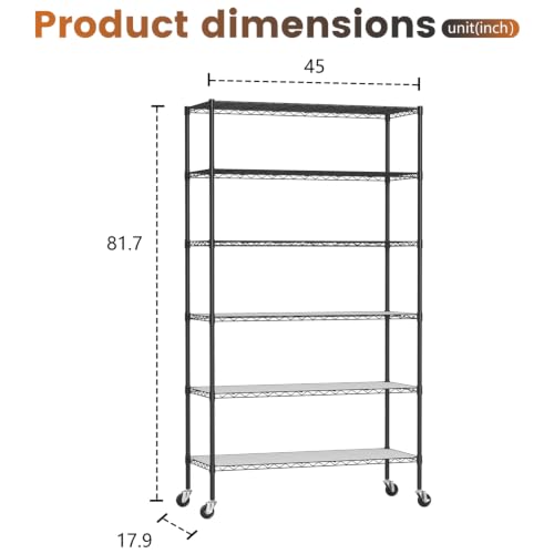 6 Tier Wire Storage Shelves with PP Shim (Black / 45×18×82 with PP Shim)