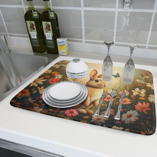 Easter Bunny Dish Drying Mat Flower Butterfly Kitchen Drainer Mat 18x24 inch Absorbent Reversible Dish Rack Pad for Counter Tabletop Decor (Easter Bunny Flower / 18" x 24")