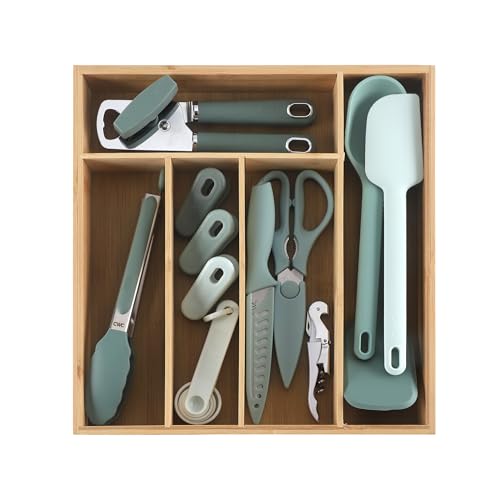 Bamboo Kitchen Utensil Set with Drawer Organizer (Sage / 18 Piece Gadget Set)