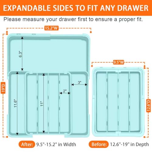 Expandable Silverware Drawer Organizer (Turquoise / M(9.5-15.2"W x 12.6-19"D))