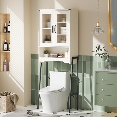 Over The Toilet Storage Cabinet with Tempered Glass Doors & Adjustable Shelf