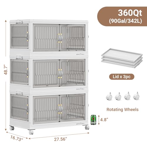 90Gal Stackable Storage Bins with Lids Foldable Boxes (White / 30Gal-3Pack)