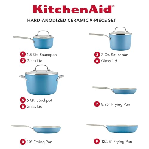 Hard Anodized Ceramic Nonstick Cookware Pots and Pans Set (Blue Velvet / Cookware Set (9 Piece - Non Induction))