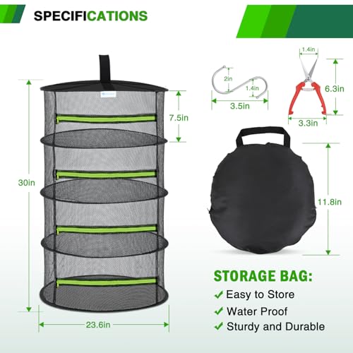 4 Layer Herb Drying Rack Hanging Mesh Net Foldable Plant Drying Racks 24" w Green Zipper Pruning Shears Hook Dryer Hanging Rack for Herbs Seed Bud Fruit Clothes Grow Tent Closets Garden Outdoor