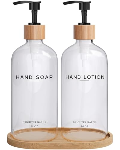 Clear Glass Soap and Lotion Dispenser Set with Tray by Brighter Barns (Clear Sl)