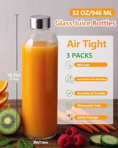 Clear Glass Water Bottles with Stainless Steel Lids 32 oz
