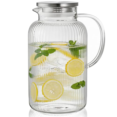 1 Gallon Glass Pitcher with Lid and Handle (Stripes Clear / 128 Ounces)