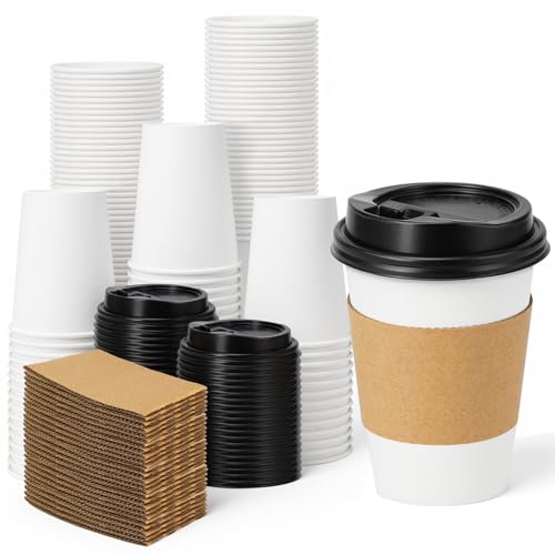 50 Pack 10 oz Disposable Coffee Cups With Lids and Sleeves (White / 10oz-50Pack)