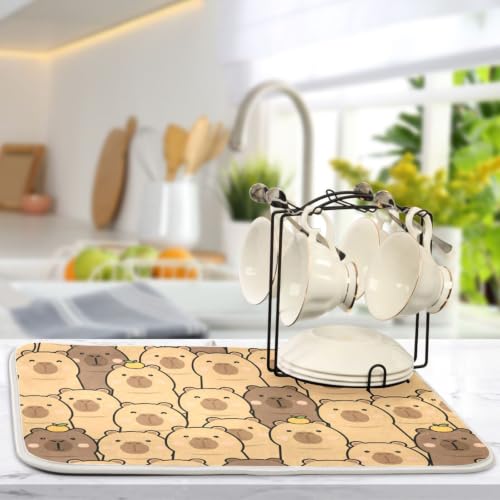 Cute Capybara Orange Dish Drying Mat for Kitchen Counter Absorbent Microfiber Drying Pad (16" x 16")