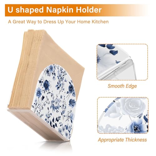 Blue White Porcelain Flower Napkin Holder for Table Paper Napkins Holder Acrylic Tissue Dispenser Kitchen Dining Room Bathroom Party Car Decor (NH065 / 4.1x4.9x1.97in)