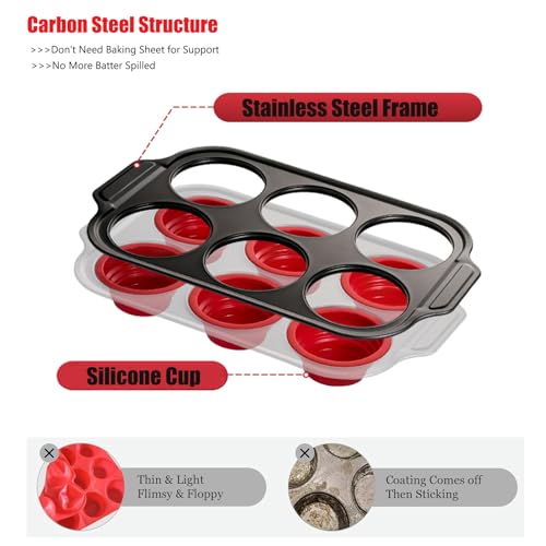 Muffin Pan, 6-Cup Nonstick Silicone Muffin Pans for Baking, Food-Grade Cupcake Pan for Oven, Microwave, Dishwasher Safe, BPA-Free Silicone Baking Mold for Muffins, Cupcakes, Egg Muffins (6 Cups Red)
