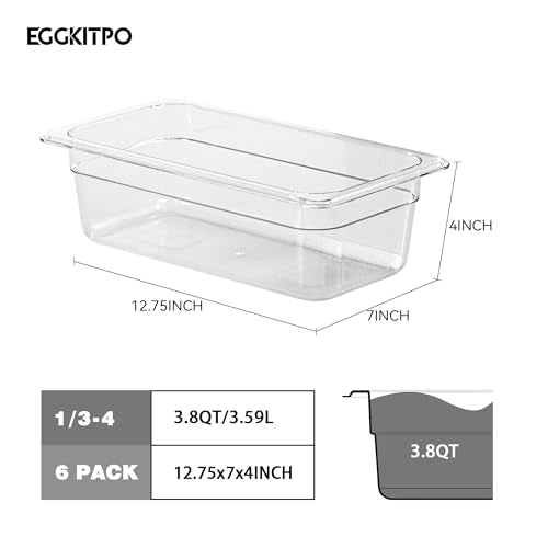 6-Pack 1/3 Size Food Pan 4 Inch Deep BPA Free Polycarbonate Food Storage Containers for Kitchen Stackable Clear Hotel Pan for Buffet Party Supplies Freezer Safe (1/3 Size / 4" Deep)