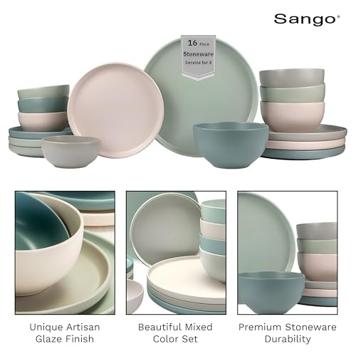 16 Piece Stoneware Dinnerware Set for 4 (Green/Sand/White / 16-Piece Set)