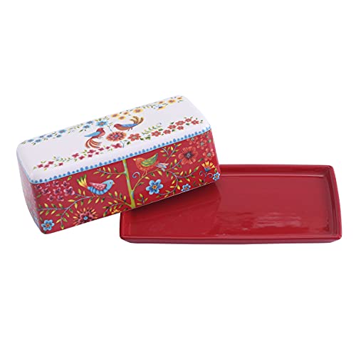 Red Spring Bird Ceramic Butter Dish with Lid