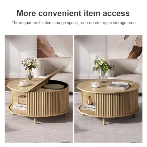 Round Coffee Table with Storage for Living Room (Light Oak)