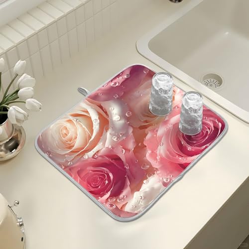 3d Pink White Roses Dish Drying Mat for Kitchen Counter Absorbent Microfiber Small Drying Pad Dish mats for Kitchen Countertops 16 x 18 Inch (Pink White Roses / 18" x 16")