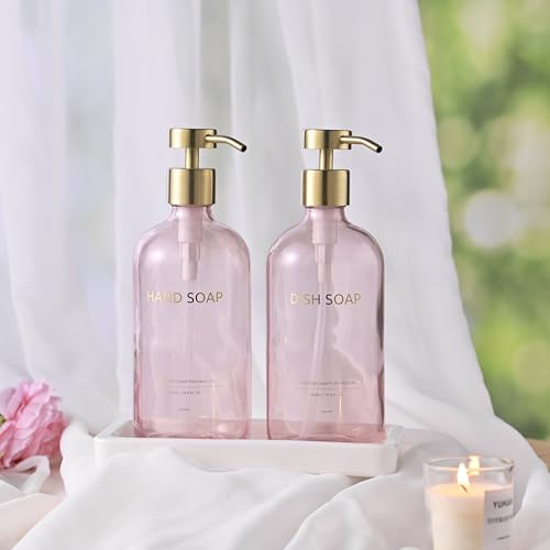Glass Kitchen Soap Dispenser Set with Ceramic Tray (Pink Bottles + Gold Pumps)