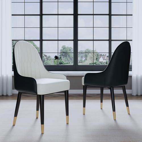 Black White Dining Chairs Set of 2 with High Backs Mid Century Modern Kitchen Dining Room Chairs PU Faux Leather Upholstered Large Padded Accent Chair with Legs (Black White)