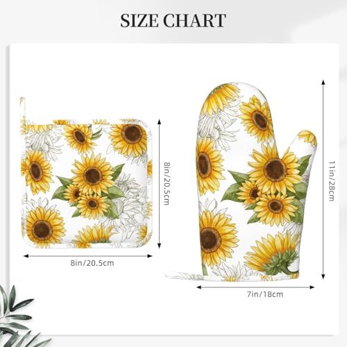 Yellow Sunflower Oven Mitts Pot Holders Set Silicone Heat Resistant Sunflowers Oven Mitts and Hot Pads Yellow Flowers Potholders Non (Yellow)