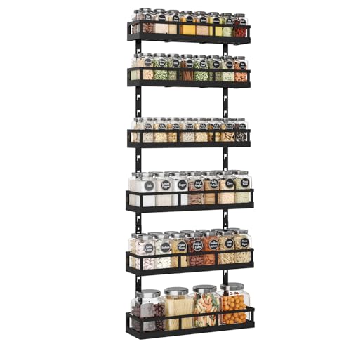 6-Tier Wall-Mounted Spice Rack Organizer with Mixed Basket Sizes, Height-Adjustable Hanging Spice Shelf for Kitchen Pantry Cabinet, Large-Capacity Seasoning Holder, Black
