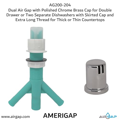 Dual Air Gap with Polished Chrome Brass Cap for Double Drawer or Two Separate Dishwashers with Skirted Cap and Extra Long Thread for Thick or Thin Countertops (AG200-204)