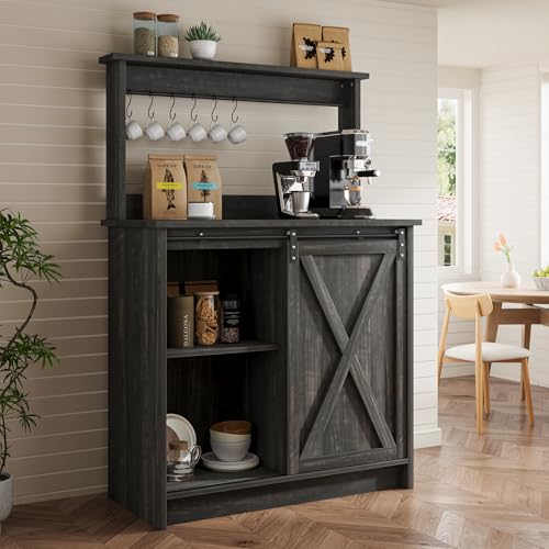 Farmhouse Coffee Bar Cabinet with Sliding Barn Door (31.5Inch / Dark Oak)