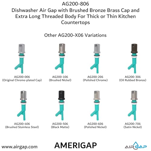 Dishwasher Air Gap with Skirted Brushed Bronze Brass Cap and Extra Long Threaded Body for Thick or Thin Kitchen Countertops (AG200-806)