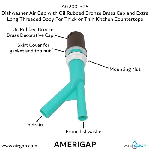 Dishwasher Air Gap with Skirted Oil Rubbed Bronze Brass Cap and Extra Long Threaded Body for Thick or Thin Kitchen Countertops (AG200-306)