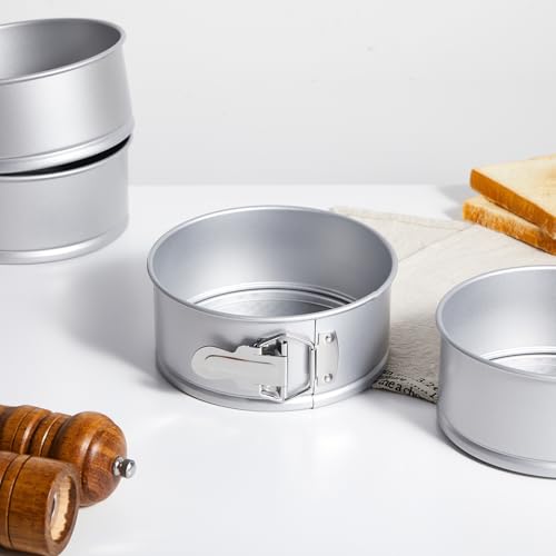 4 Pcs 6 Inch Non Stick Springform Pan with Removable Bottom Carbon Steel Round Springform Cheesecake Pan with Stainless Steel Spring Buckles for Baking Kitchens Restaurant (Silver / 6 Inch)