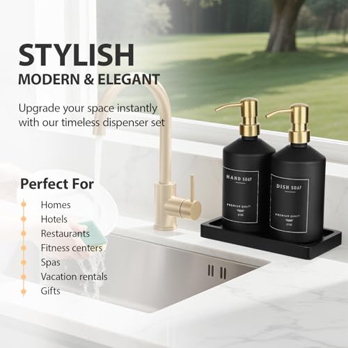 Black Glass Kitchen Hand and Dish Soap Dispenser Set (Black Bottle + Gold Pump)
