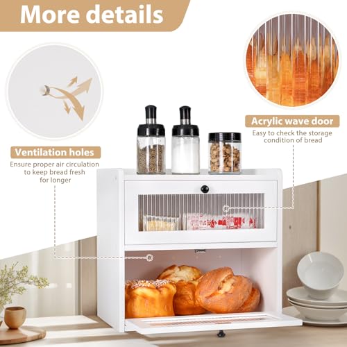 Bread Box for Kitchen Countertop Wooden Bread Storage Container Bin 2 Layer Breadbox Holder Large Capacity Keeper Vintage Farmhouse Food Organizer Pantry Shelf Acrylic Window (White)