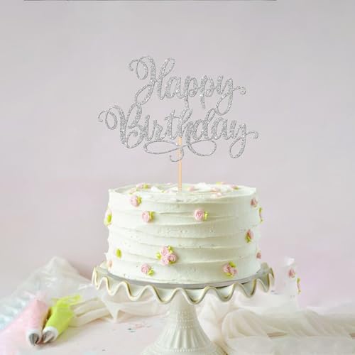 1 PCS Happy Birthday Cake Topper Glitter Happy Birthday Cake Pick for Celebrating Happy Birthday Anniversary Party Cake Decorations Supplies Silver