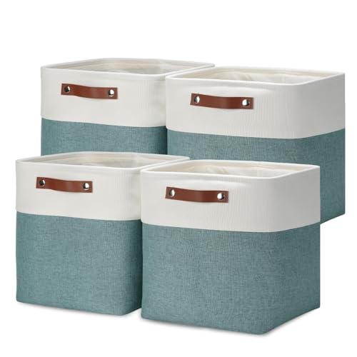 Set Of 4 Cube Storage Bins (White&Dark Green / M-12"x 12"x12")