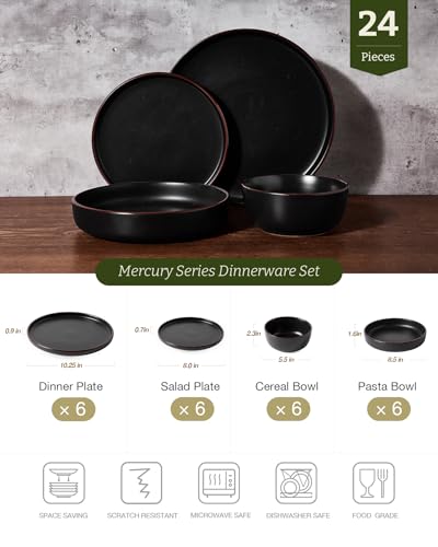 Mercury 24 Piece Dinnerware Set with Pasta Bowls (Matte Black / Service for 6 (Include Pasta Bowls))
