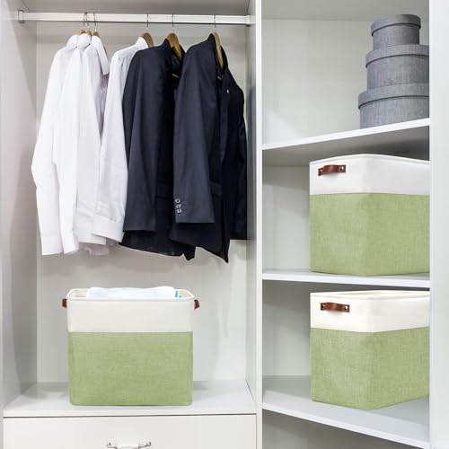 Large Fabric Storage Baskets (Green / Off-White / Extra Large -17"x12"x15")