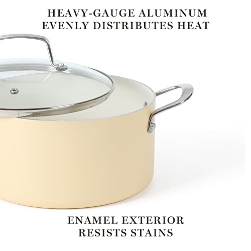 Lockton Premium Nonstick PFA Free Ceramic Interior 10 Piece Enamel Heavy Gauge Aluminum Pots and Pans Cookware Set (Butter Cream / 10-Piece Set)