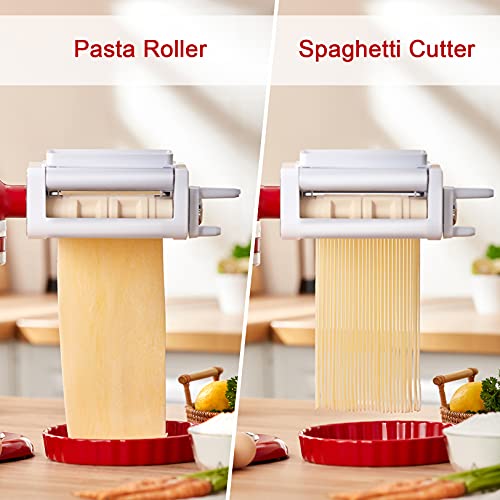 3-IN-1 Pasta Attachment & Ravioli Attachment for KitchenAid Stand Mixers, Pasta Maker Assecories included Pasta Sheet Roller, Spaghetti Cutter and Ravioli Maker Attachment (White/Silver)