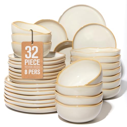 32 Piece Dinnerware Set for 8 with Pasta Bowls (Yellow White / Set (32pcs))