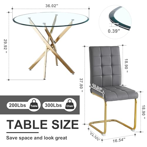 5 Piece Round Glass Dining Table Set (Round Table - 4 Gold Grey Chairs)
