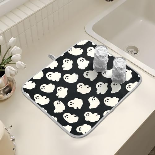 Halloween Cute Ghost Dish Drying Mat for Kitchen Counter Absorbent Microfiber Large Drying Pad Dish mats for Kitchen Countertops 18 x 24 Inch (Halloween Cute Ghost / 24" x 18")