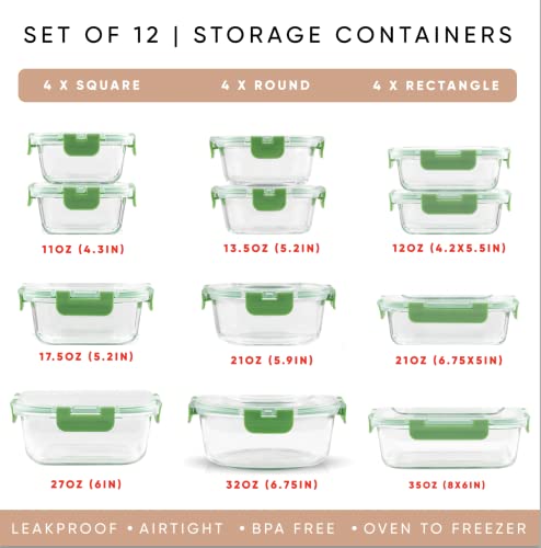 24pc Borosilicate Glass Storage Containers with Lids (Color Green)
