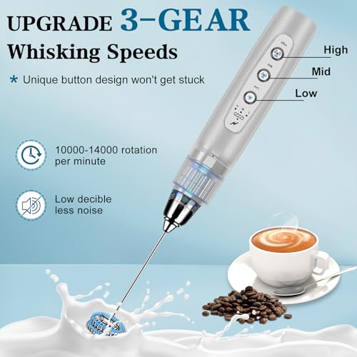 Milk Frother Wand Rechargeable Handheld Whisk Coffee 3 Speed Adjustable (Frother with stand / Silver)