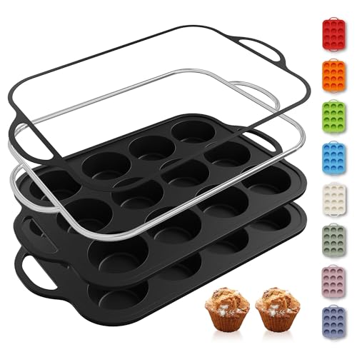 2 Packs 12 Cups Silicone Muffin Pan with Metal Reinforced Frame Regular Size Cupcake Tray Egg Mold Wedding Day Engaged Engagement Hostess Couple Newly Wed House Christmas Married Unique Gift (2pc: 12-Cup Regular / Black)