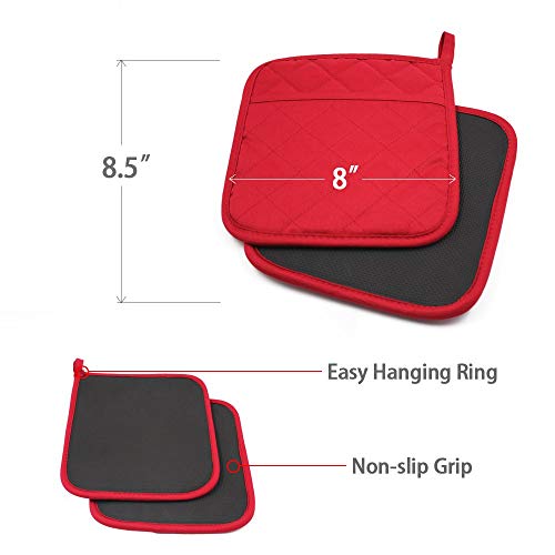 2Pcs Cotton and Neoprene Oven Pads Pot Holders with Pocket 8"x8.5" Dual (Red)